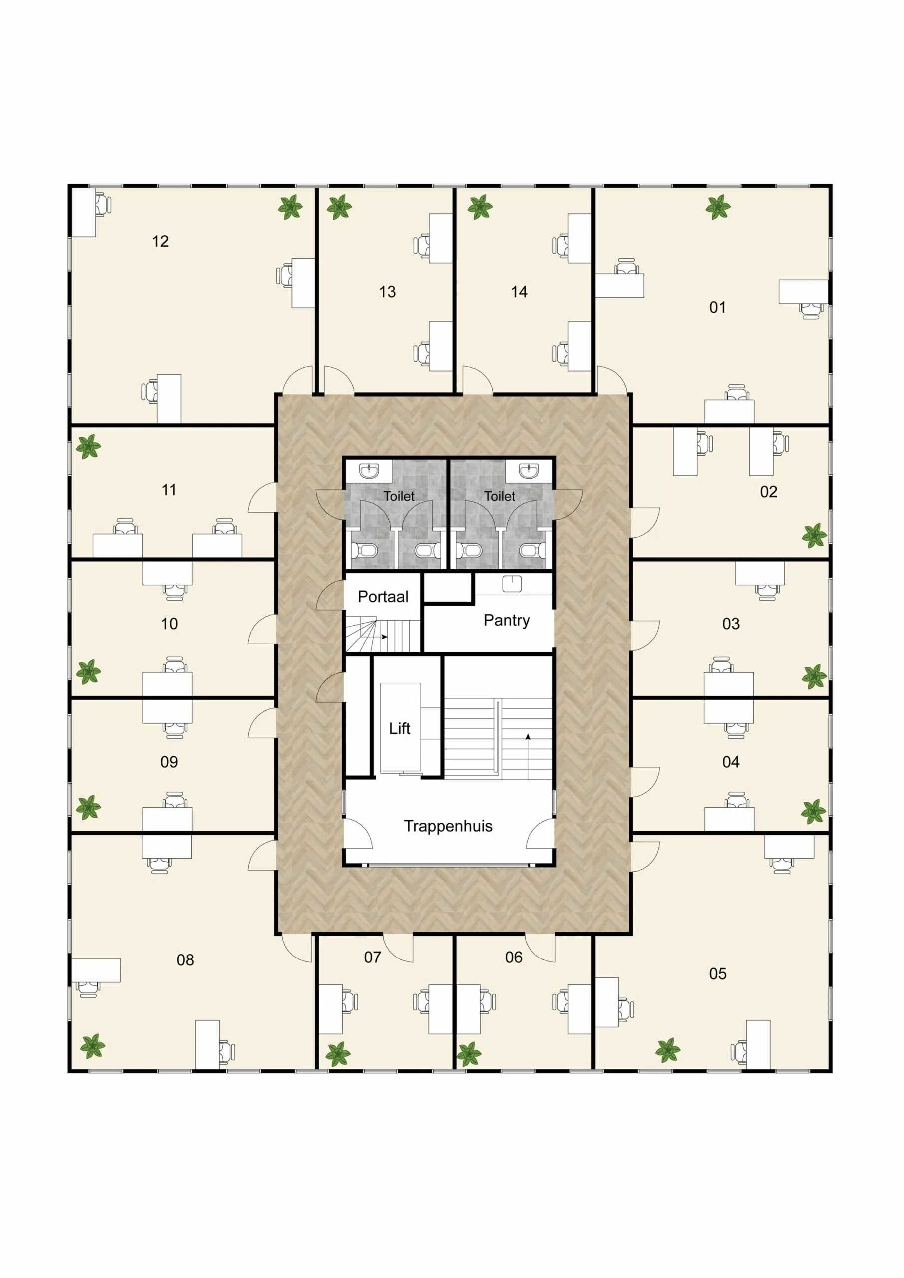 Plattegrond van kantoorruimte op Mercurion 24 in Zevenaar met zestien afzonderlijke kantoorunits rondom een centrale kern met trappenhuis, lift, toiletten en pantry.