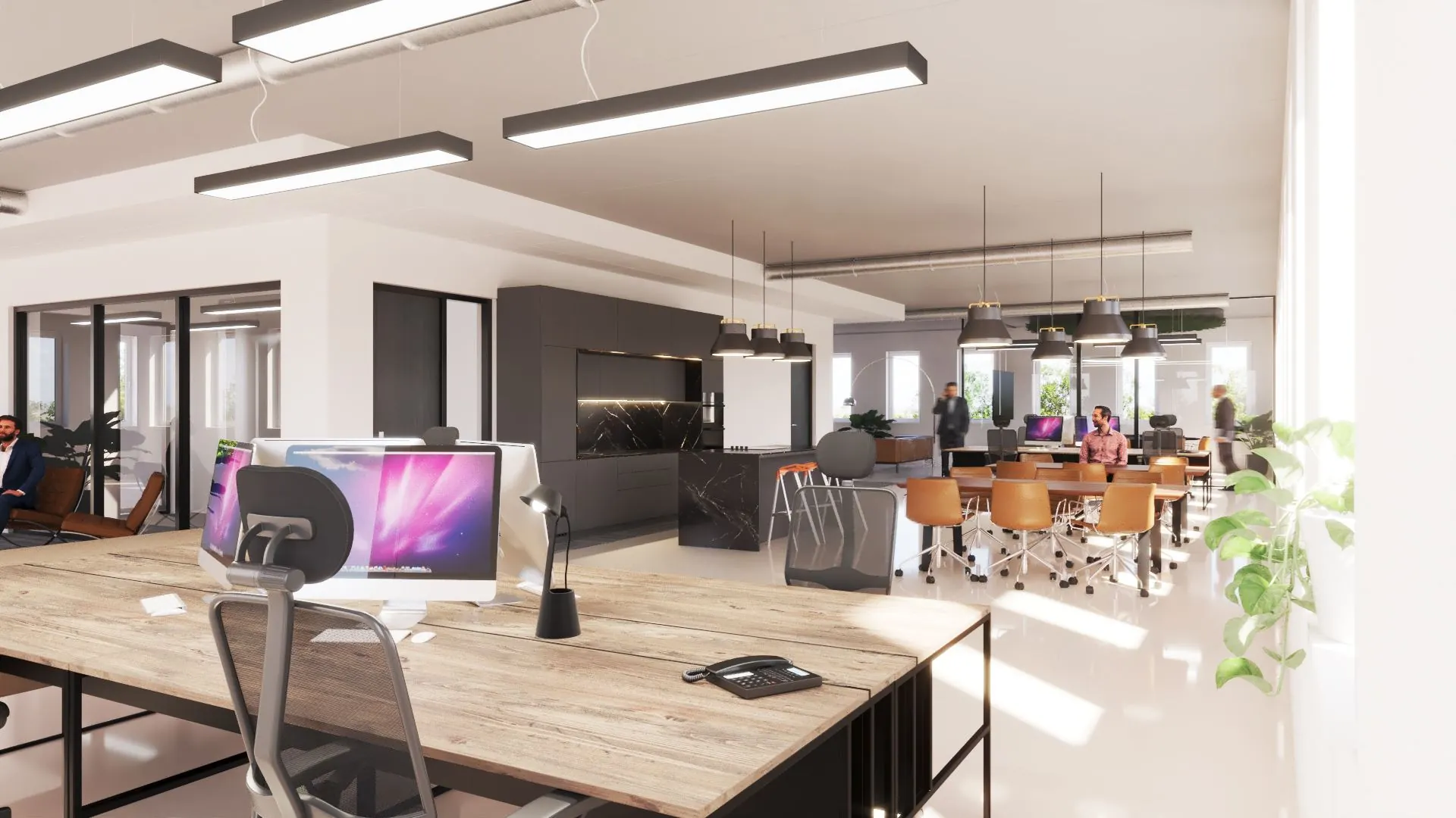 Moderne en lichte kantoorruimte in Mercurion 24, Zevenaar, met open werkplekken en vergadertafels.