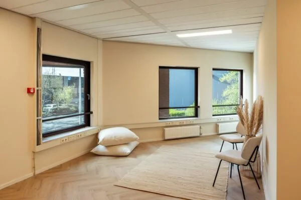 Lichte, moderne kantoorruimte in Mercurion 24 in Zevenaar met grote ramen, twee stoelen, een vloerkleed en decoratief pampasgras.