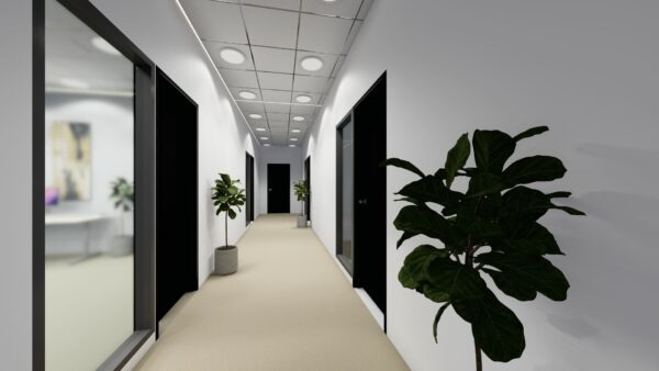 Verlichte gang in kantoorgebouw Mercurion 24 in Zevenaar met deuren, ramen en kamerplanten.