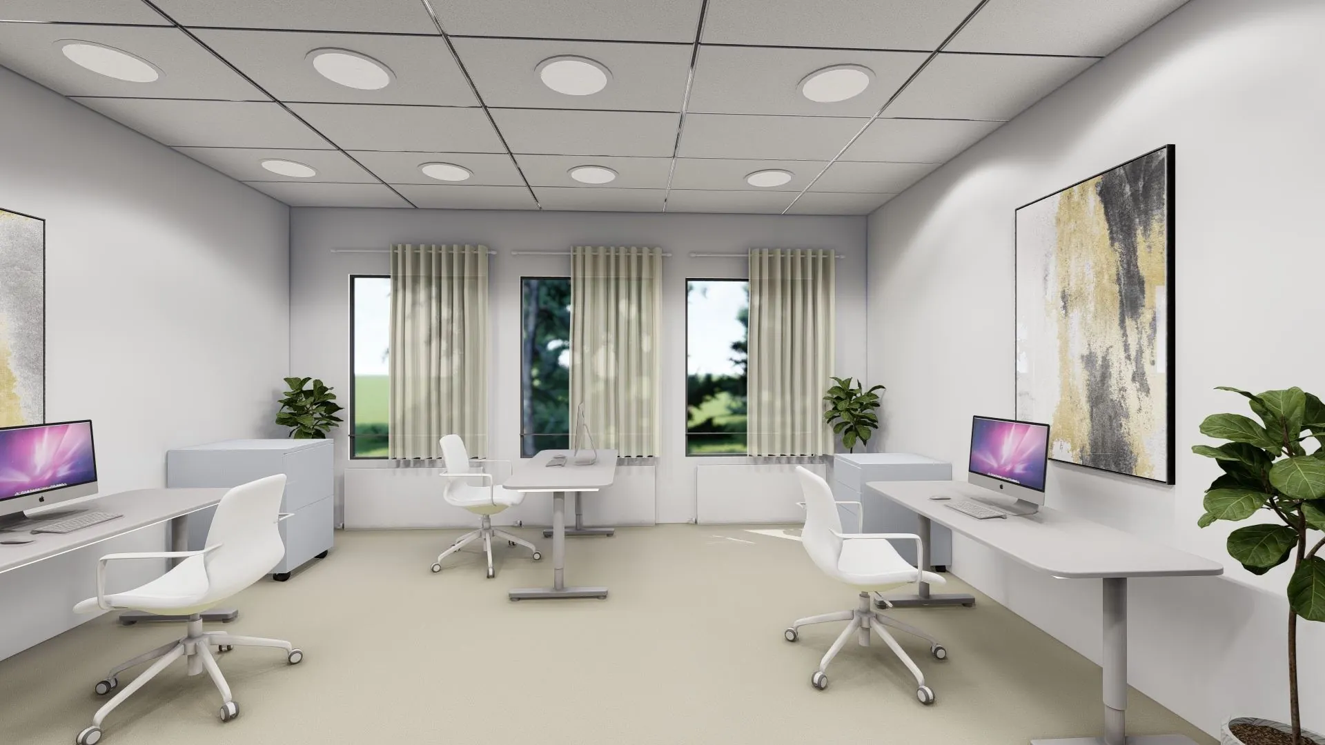 Moderne, lichte kantoorruimte in Mercurion 24 in Zevenaar met werkplekken, computers en grote ramen.