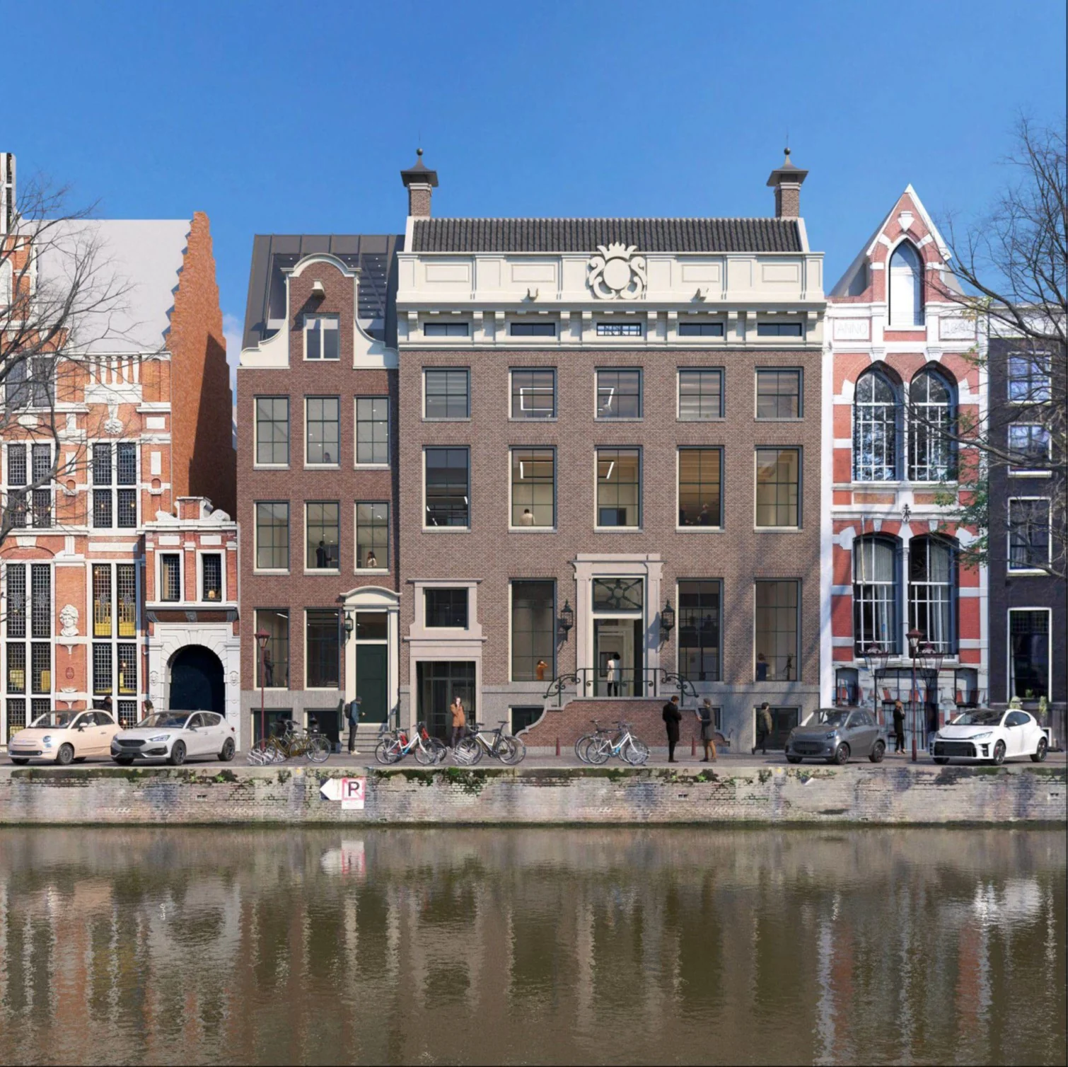 Voorgevel van het grachtenpand Keizersgracht 125 in Amsterdam, gezien vanaf de overkant van de gracht.