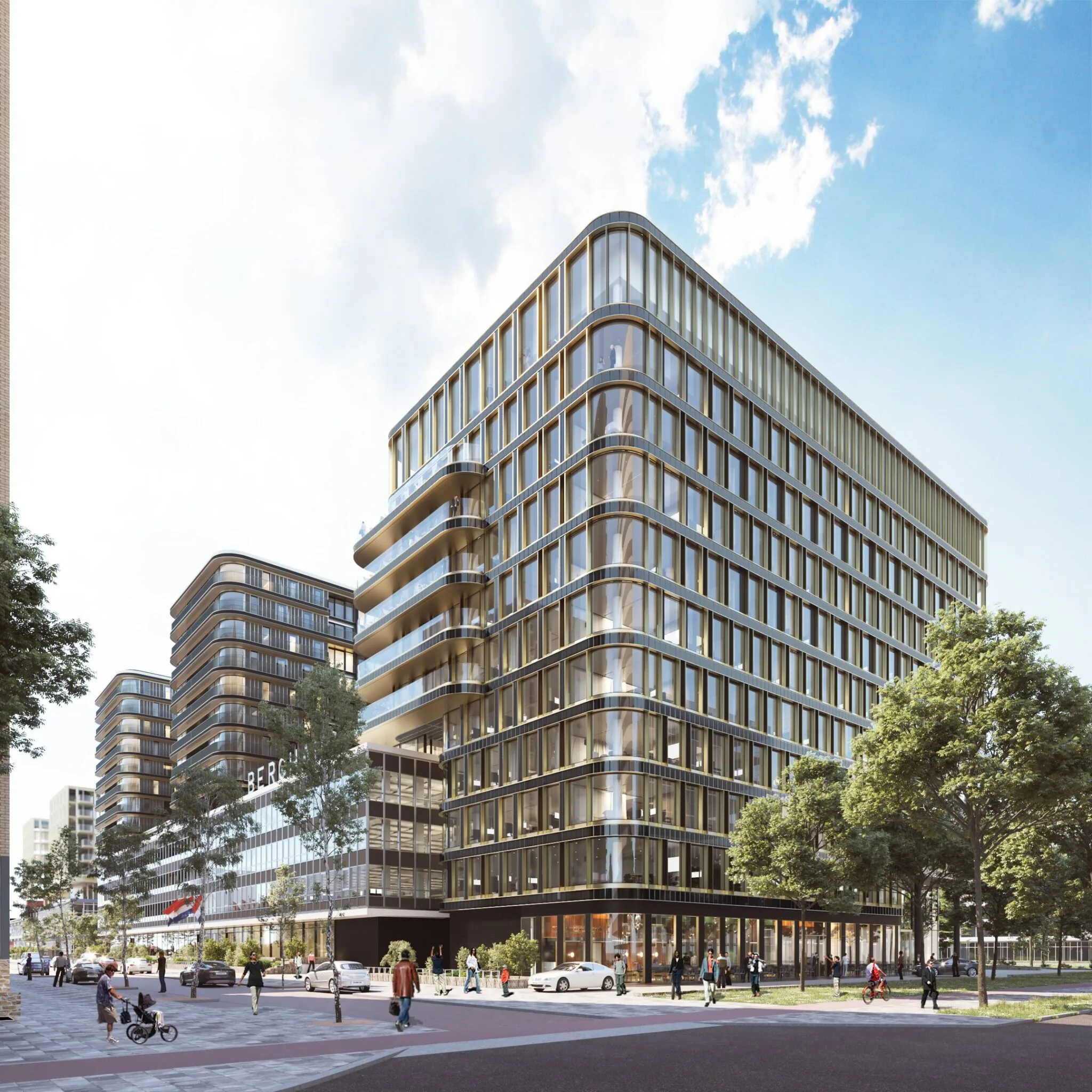 Modern kantoorgebouw aan het Koning Wilhelminaplein met omliggende hoge gebouwen, voetgangers en verkeer.