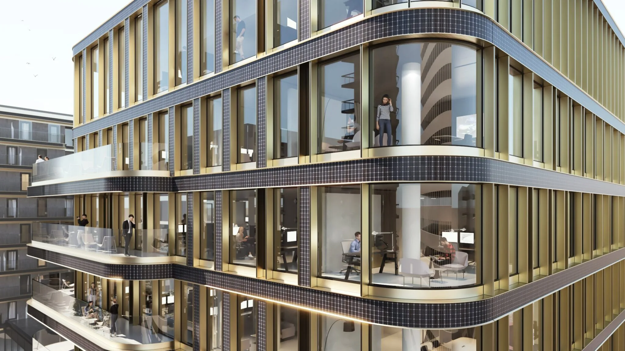 Moderne kantoorverdiepingen met grote ramen en gevels met geïntegreerde zonnepanelen aan het Koningin Wilhelminaplein 4.