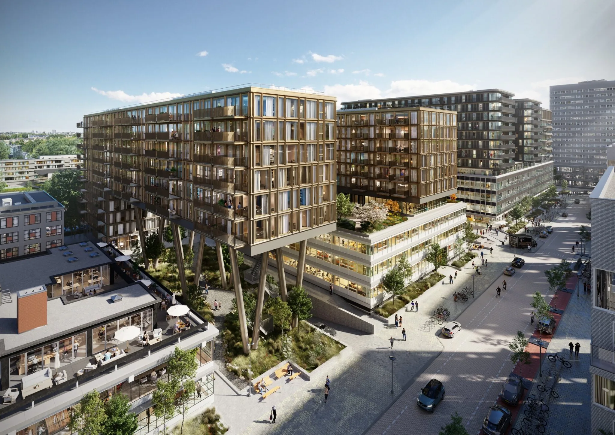 Modern woon- en kantoorgebouw op poten aan het Koningin Wilhelminaplein in Amsterdam, met groene openbare ruimte en levendige straat.