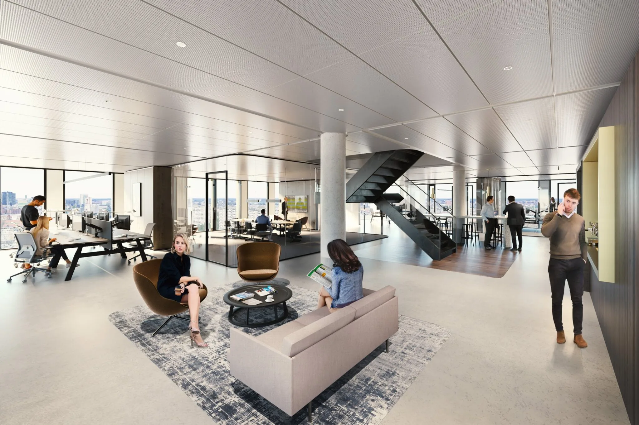 Moderne kantoorruimte op Kon. Wilhelminaplein 4 met open werkplekken, vergaderruimtes en zithoek.