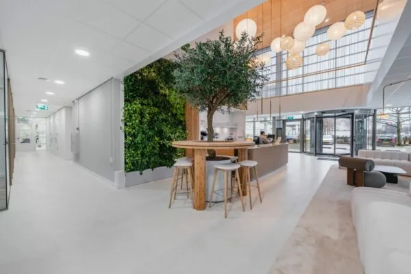 Moderne kantoorentree aan de Laarderhoogtweg 7 met een groene wand, een boomtafel en een ontvangstruimte met veel daglicht.