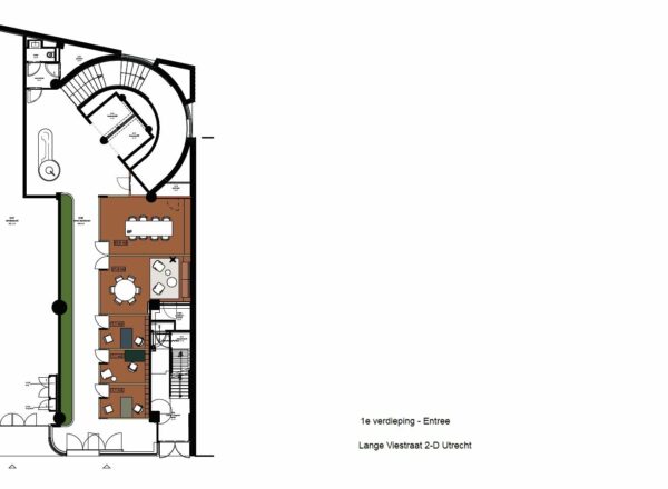 Plattegrond van de eerste verdieping met entree van Lange Viestraat 2-D in Utrecht, inclusief kantoorruimtes en vergaderruimte.