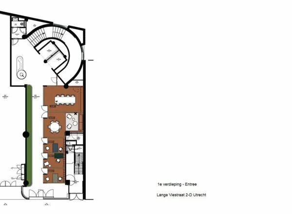 Plattegrond van de eerste verdieping met entree van Lange Viestraat 2-D in Utrecht, inclusief kantoorruimtes en vergaderruimte.