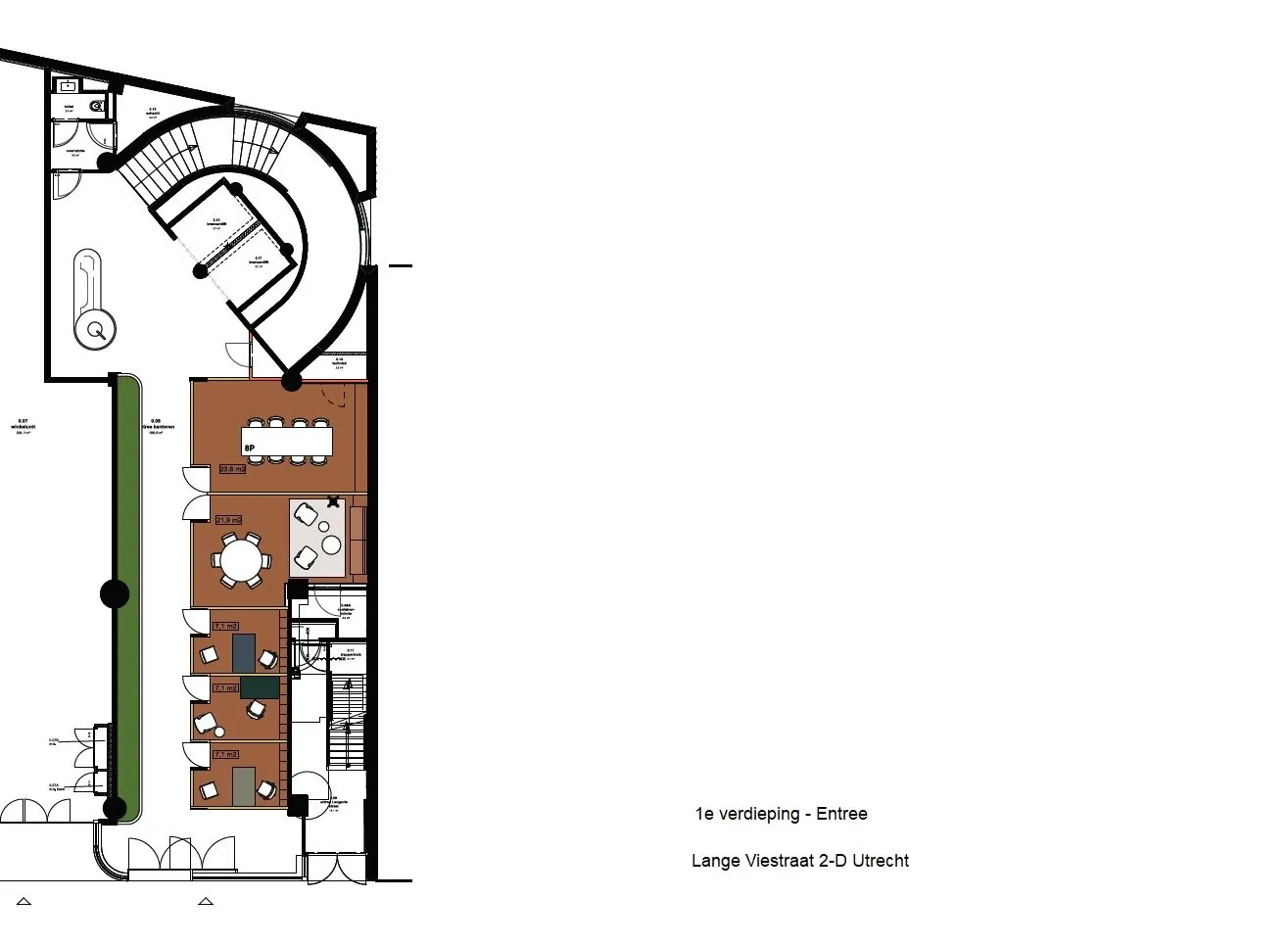Plattegrond van de eerste verdieping met entree van Lange Viestraat 2-D in Utrecht, inclusief kantoorruimtes en vergaderruimte.
