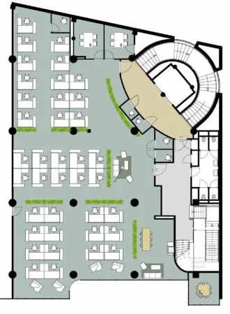 Plattegrond van een moderne kantoorruimte op Lange Viestraat 2 d_6 met werkplekken, vergaderruimtes en zithoeken.