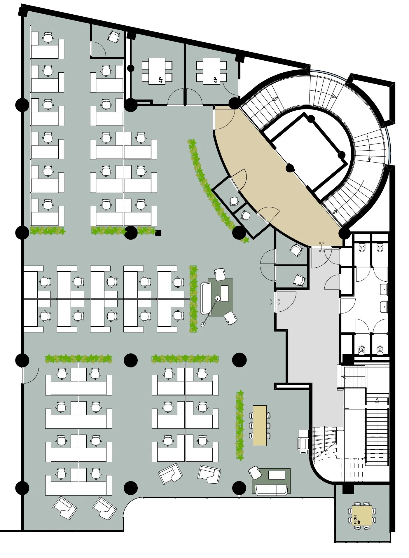 Plattegrond van een moderne kantoorruimte op Lange Viestraat 2 d_6 met werkplekken, vergaderruimtes en zithoeken.
