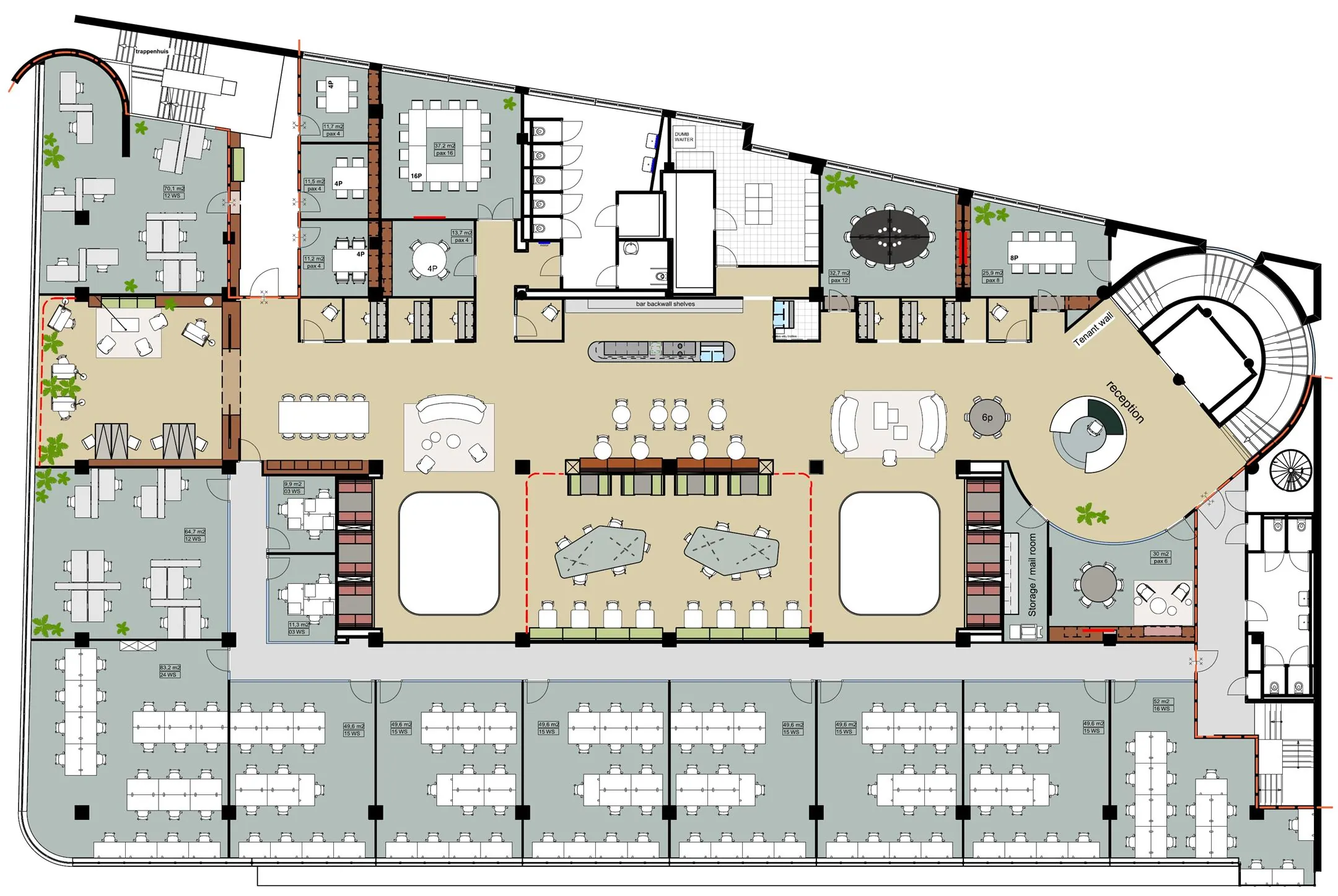 Plattegrond van een modern kantoorruimteontwerp aan Lange Viestraat 2 d_8 met werkplekken, vergaderruimtes en ontvangstruimte.