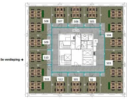 Plattegrond van de 5e verdieping van het gebouw Marathon 2 met genummerde kantoorruimtes rondom een centrale kern.