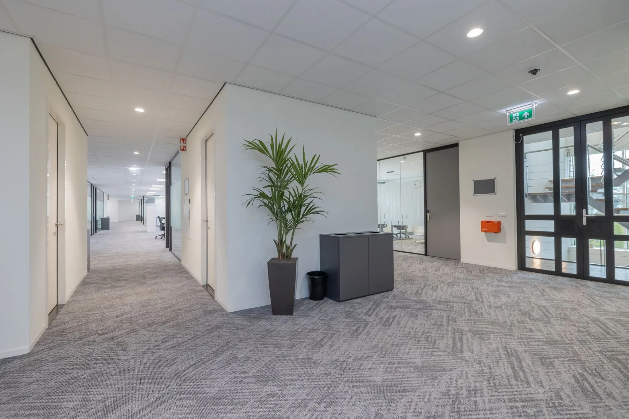 Moderne en lichte kantoorruimte aan de Mendelweg 32 met grijze vloerbedekking, glazen vergaderruimtes en een groene plant in de hoek.