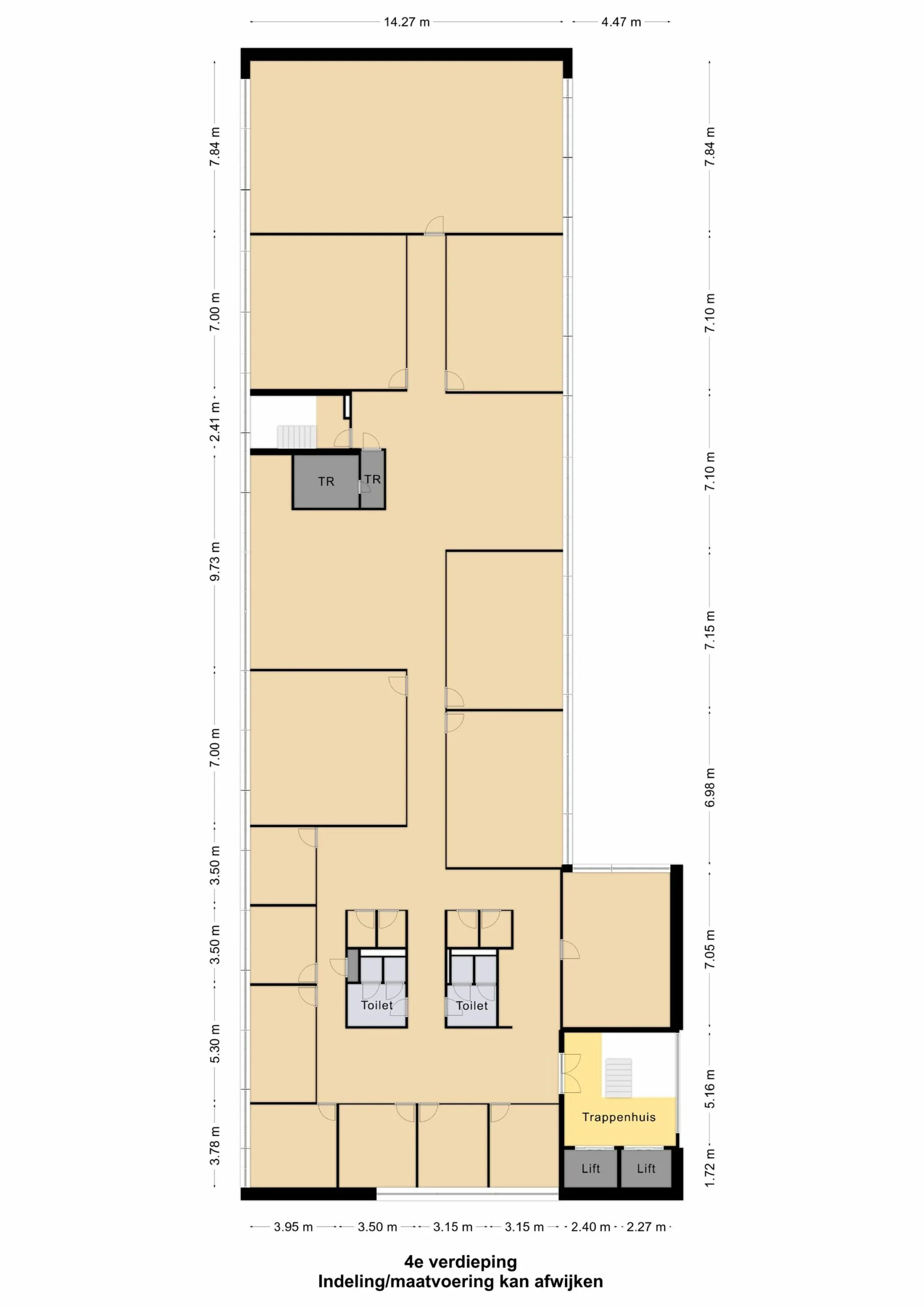 Plattegrond van de vierde verdieping van Mendelweg 32 met diverse kamers, toiletgroepen, trappenhuis en liften.