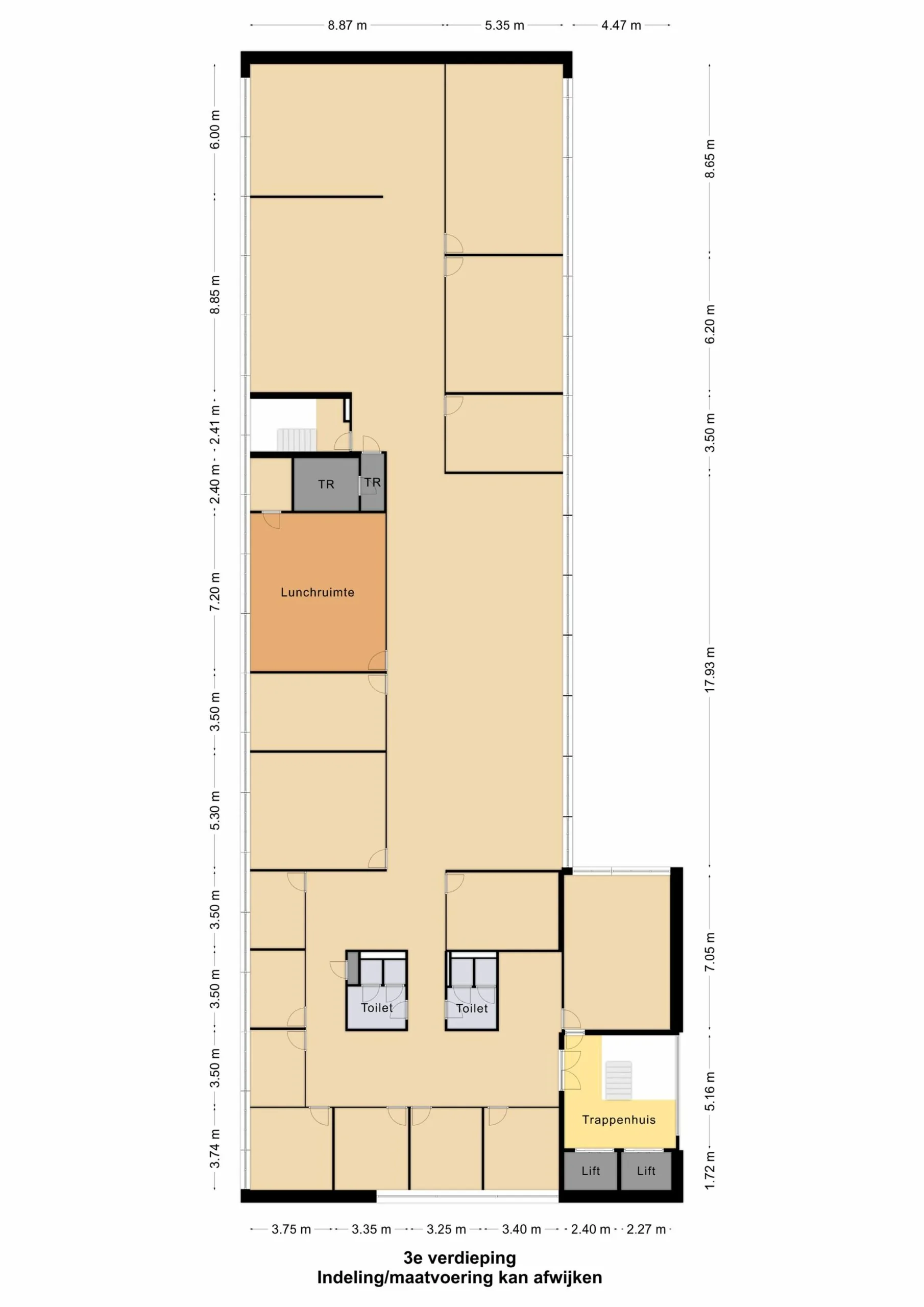 Plattegrond van de derde verdieping van Mendelweg 32 met kantoren, lunchruimte, toiletten, trappenhuis en liften.