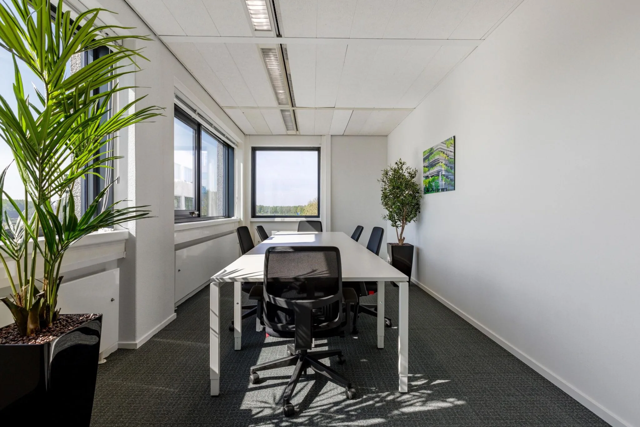 Vergaderruimte met strakke witte tafel, zes stoelen, grote ramen en groene planten in kantoorpand Nevelgaarde 8.