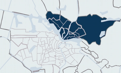 Map highlighting the Noord district in dark blue within a larger city layout.