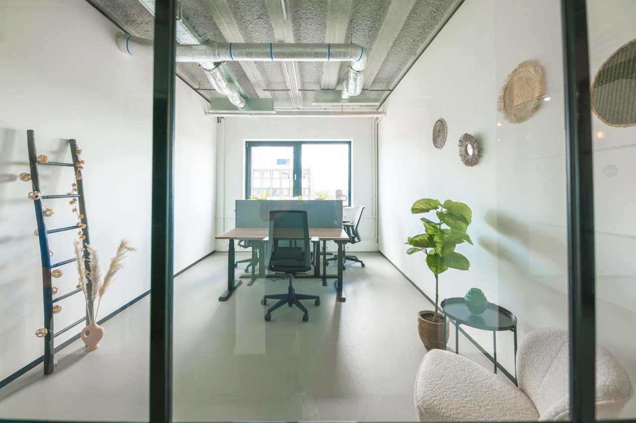 Modern ingerichte kantoorruimte met werkplekken, planten en decoratieve elementen aan de muur.