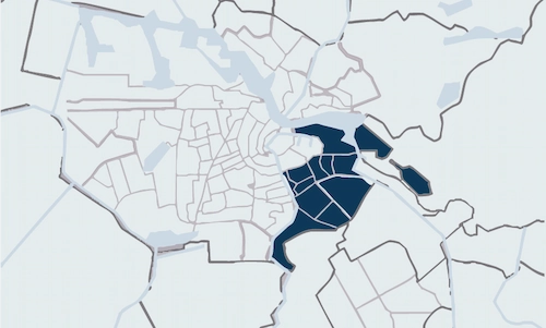 Map highlighting the Oost district in Amsterdam on Deskfinder.