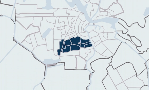 Map highlighting the Oost Zuid area in dark blue within a city layout.