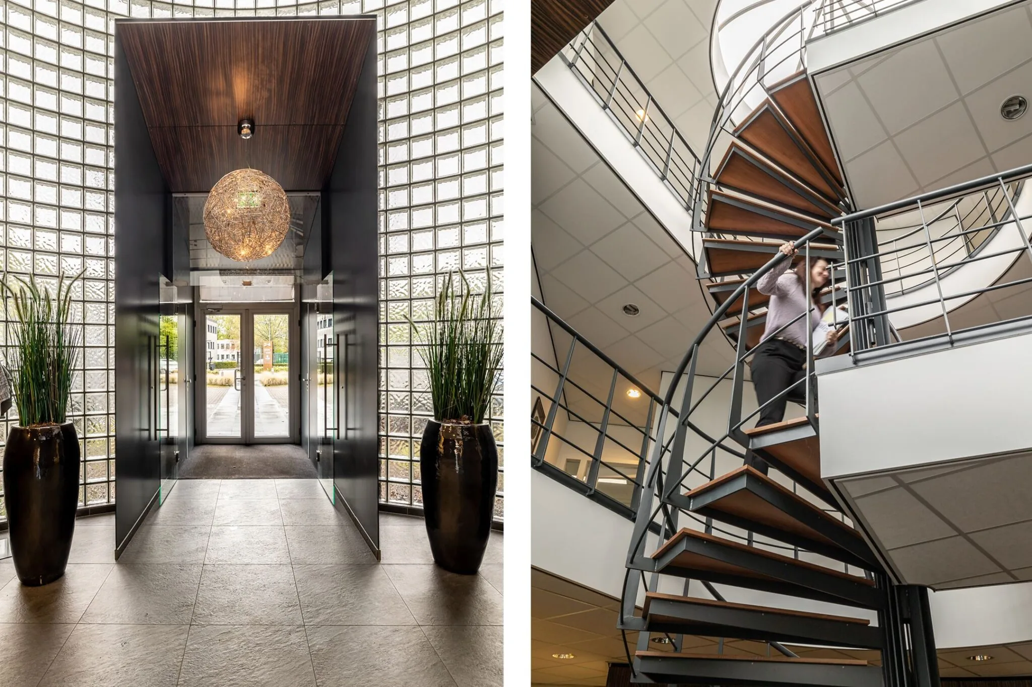 Ingang met glazen bouwstenen en stijlvolle verlichting naast een moderne wenteltrap binnen het kantoorpand Paardeweide 2A-4C.