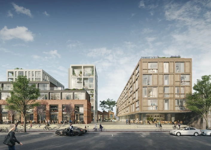 Moderne stadsontwikkeling aan de Papaverweg 37B met eigentijdse appartementen en levendige straatactiviteiten.