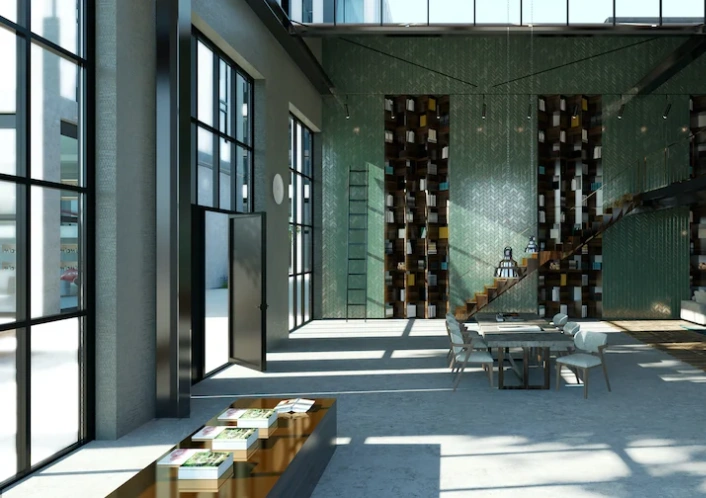 Moderne, industrieel ingerichte ruimte aan de Papaverweg 37B met hoge plafonds, grote ramen en een opvallende boekenkastwand met trap.