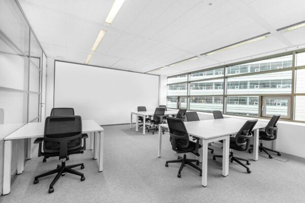 Moderne, lichte kantoorruimte aan de Papendorpseweg 95 met meerdere werkplekken en grote ramen.