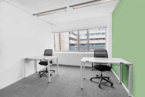 Twee moderne bureaus met bureaustoelen in een lichte kantoorruimte aan de Papendorpseweg 95, met uitzicht op een tegenoverliggend kantoorgebouw.