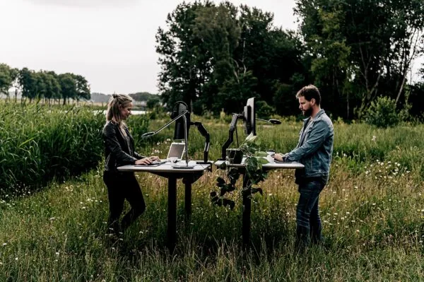 Twee mensen werken op staande bureaus met computers in een groen veld bij Plaatweg 15.