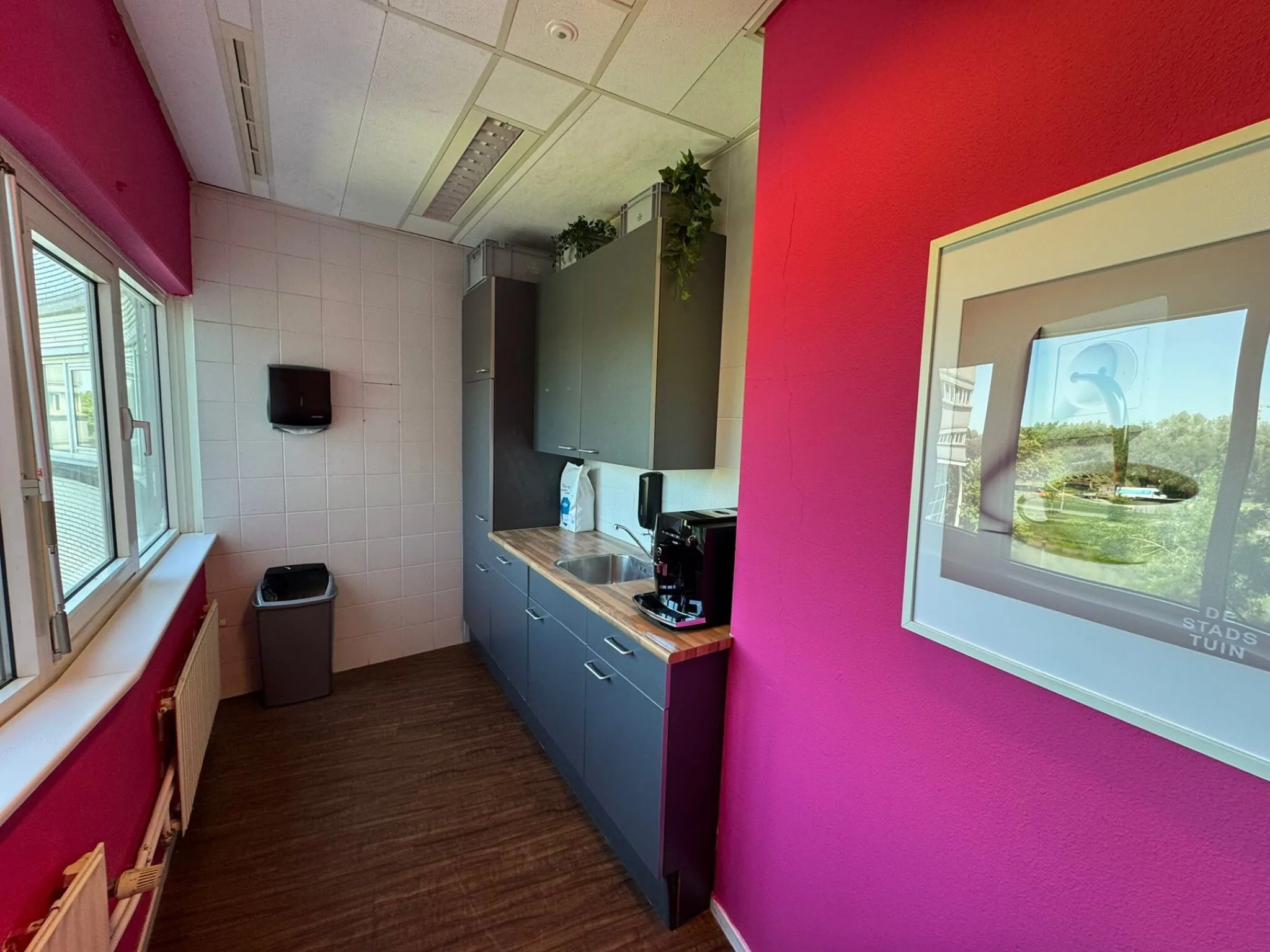 Kleine pantry op Planetenweg 5 met grijze keukenkastjes, een koffiemachine en felroze muur met kunstwerk.