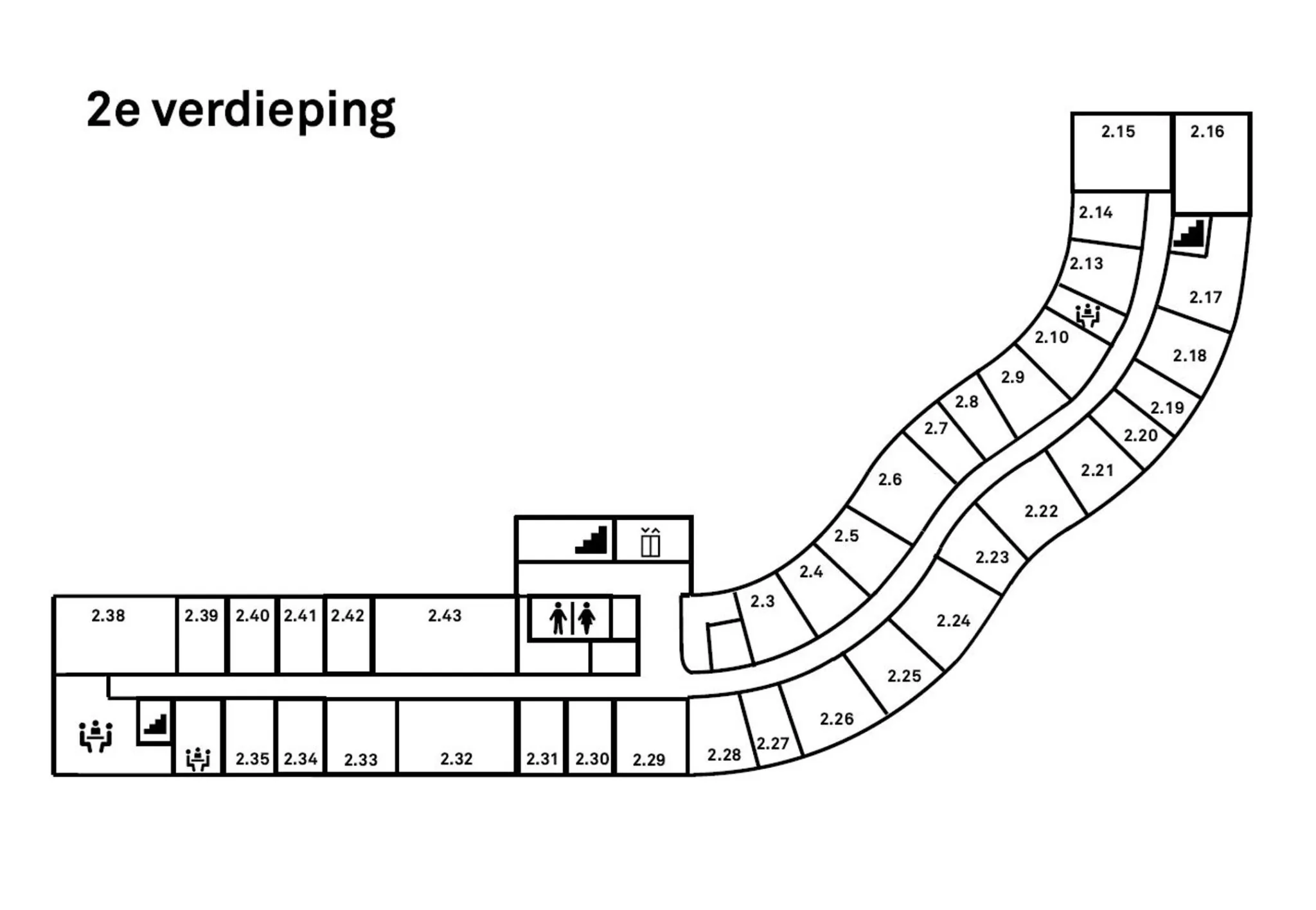 Plattegrond van de tweede verdieping van Planetenweg 5 met genummerde ruimtes, trappenhuizen, toiletten en vergaderruimtes.