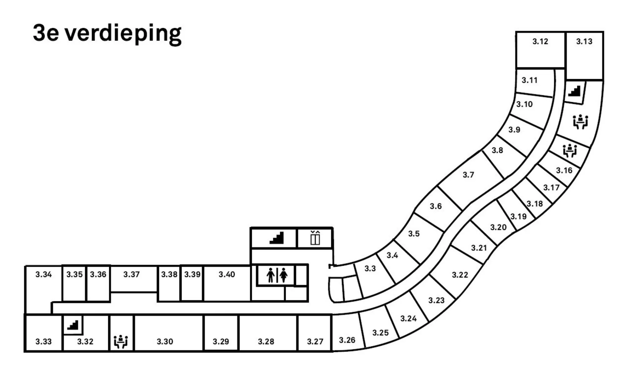 Plattegrond van de derde verdieping van Planetenweg 5 met genummerde kamers, trappenhuizen, liften, toiletten en vergaderruimtes.