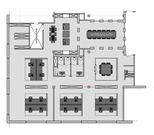Plattegrond van kantoorruimte op Overschiestraat 180 in Amsterdam met werkplekken, vergaderruimtes, toiletten en een noodtrappenhuis.