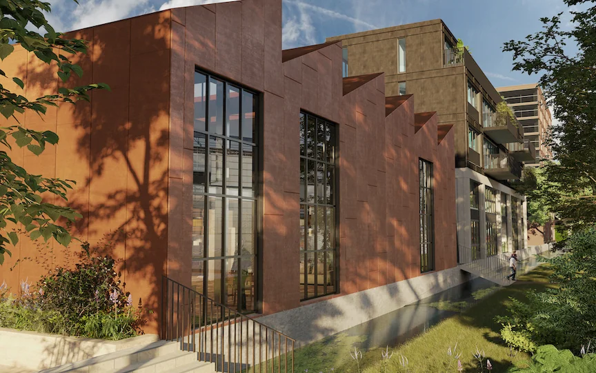 Moderne gevel van het Republica Joker Bosrank gebouw met grote ramen en een roodbruine, getrapte architectuur langs een groene waterkant.