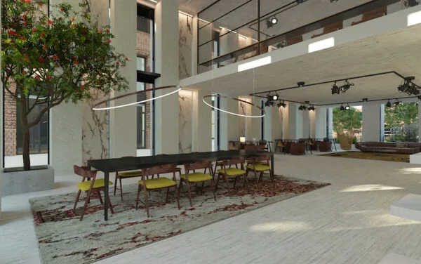 Moderne en open gemeenschappelijke ruimte in Republica met lange vergadertafel, designverlichting en een grote binnentuinboom.