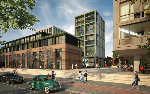 Entree van het Republica-gebouw met moderne architectuur, een café en mensen op een levendig plein.
