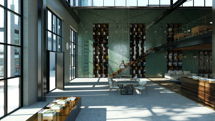 Moderne, industriële kantoorruimte met hoge plafonds, grote ramen, een boekenwand en een tafel in het midden, onderdeel van het Republica Inside Joker project.