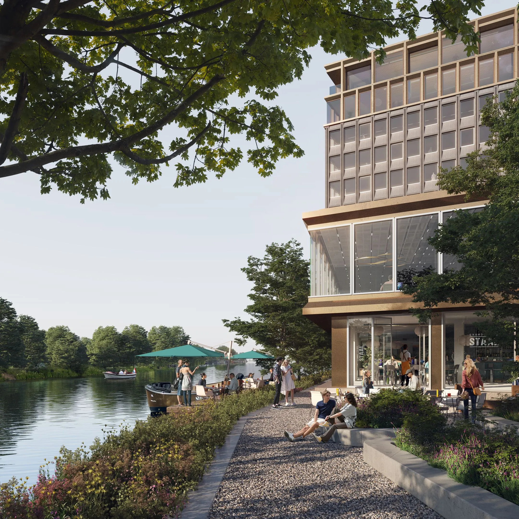 Moderne gevel van een gebouw aan de Rijnsburgstraat 9 met mensen die ontspannen langs het water zitten en wandelen.