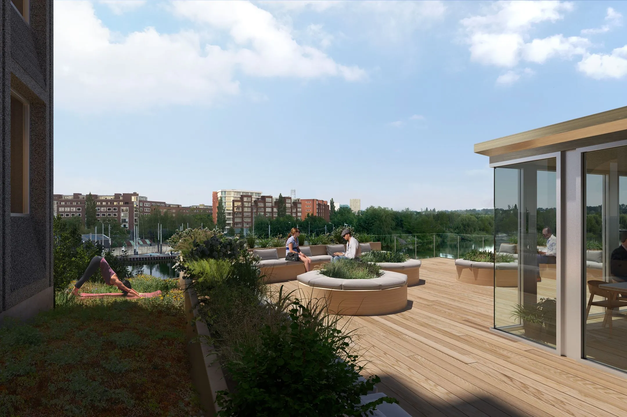Dakterras met houten vloer, zitbanken, beplanting en uitzicht op het water en gebouwen aan de Rijnsburgstraat.