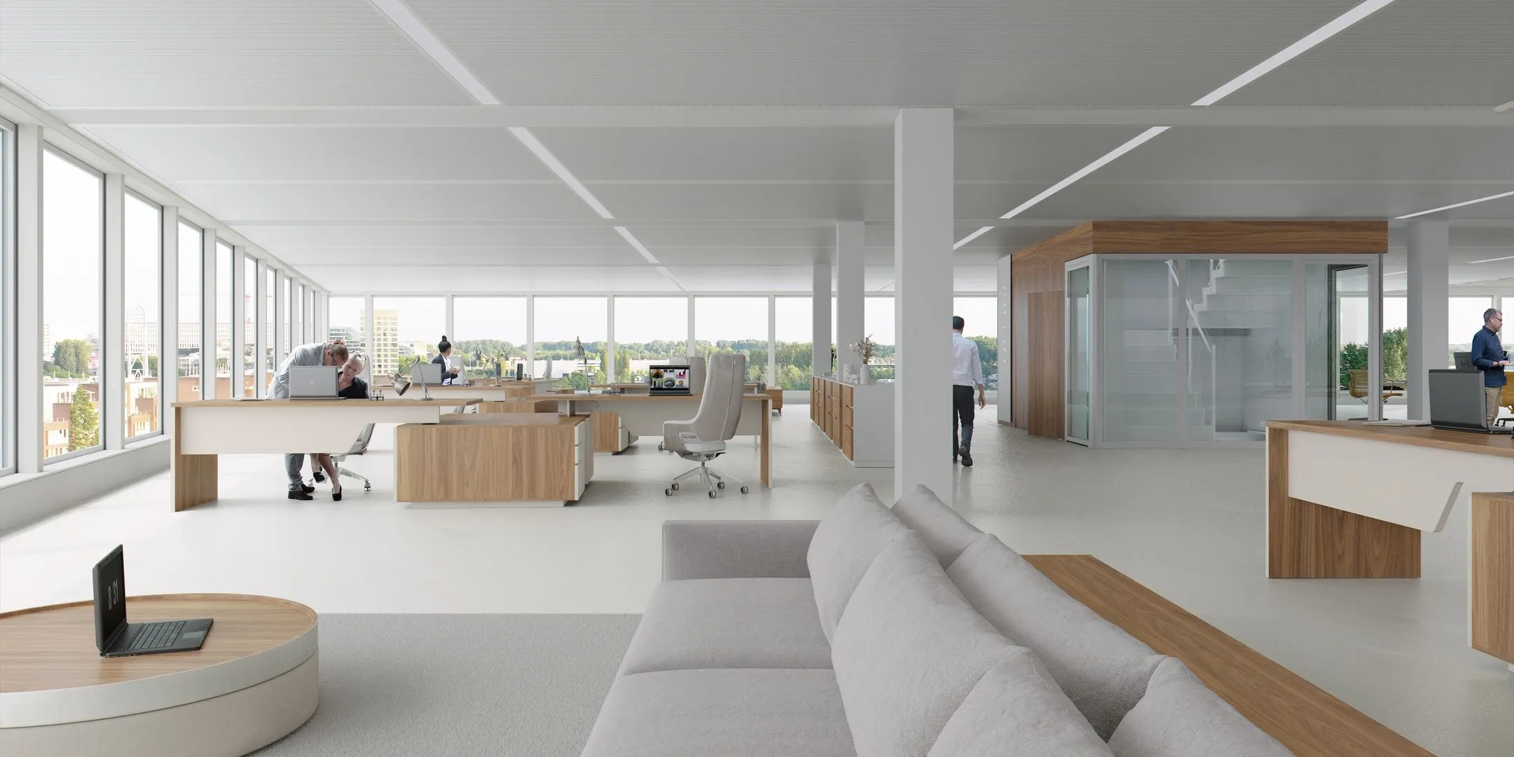 Licht en modern kantoorinterieur aan de Rijnsburgstraat 9 met grote ramen, houten bureaus en glazen vergaderruimte.