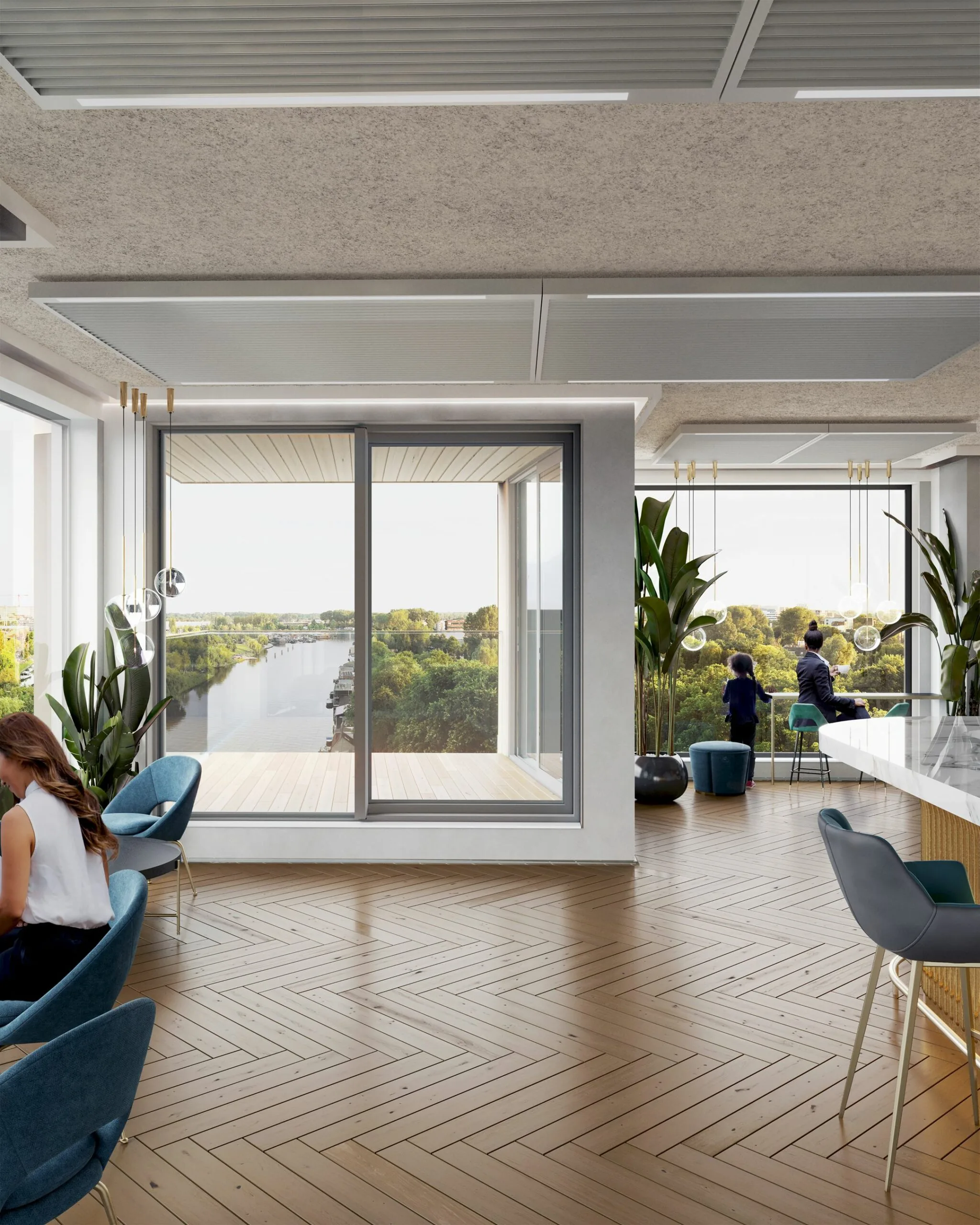 Modern interieur van Rijnsburgstraat 9 met een houten visgraatvloer, grote ramen en uitzicht op een rivier en groene omgeving.