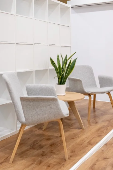 Twee grijze stoelen en een houten tafeltje met een sanseveria in een moderne wachtruimte op Rotterdam Airportplein 22.