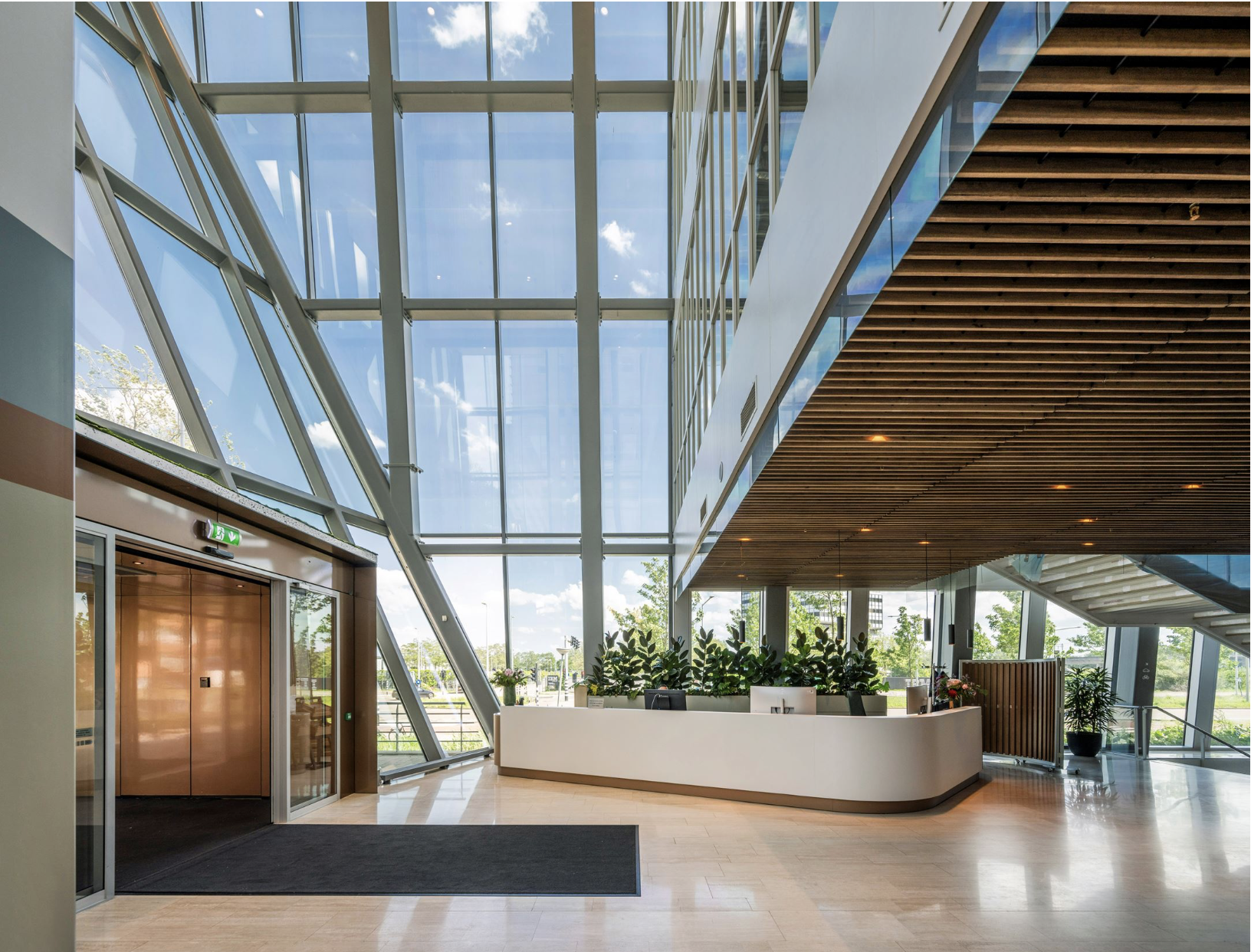 Moderne, lichte kantoorlobby met glazen gevel, houten plafond en een witte receptiebalie.