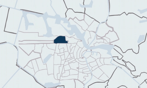 Highlighted map of Amsterdam showing the Sloterdijk area in dark blue.