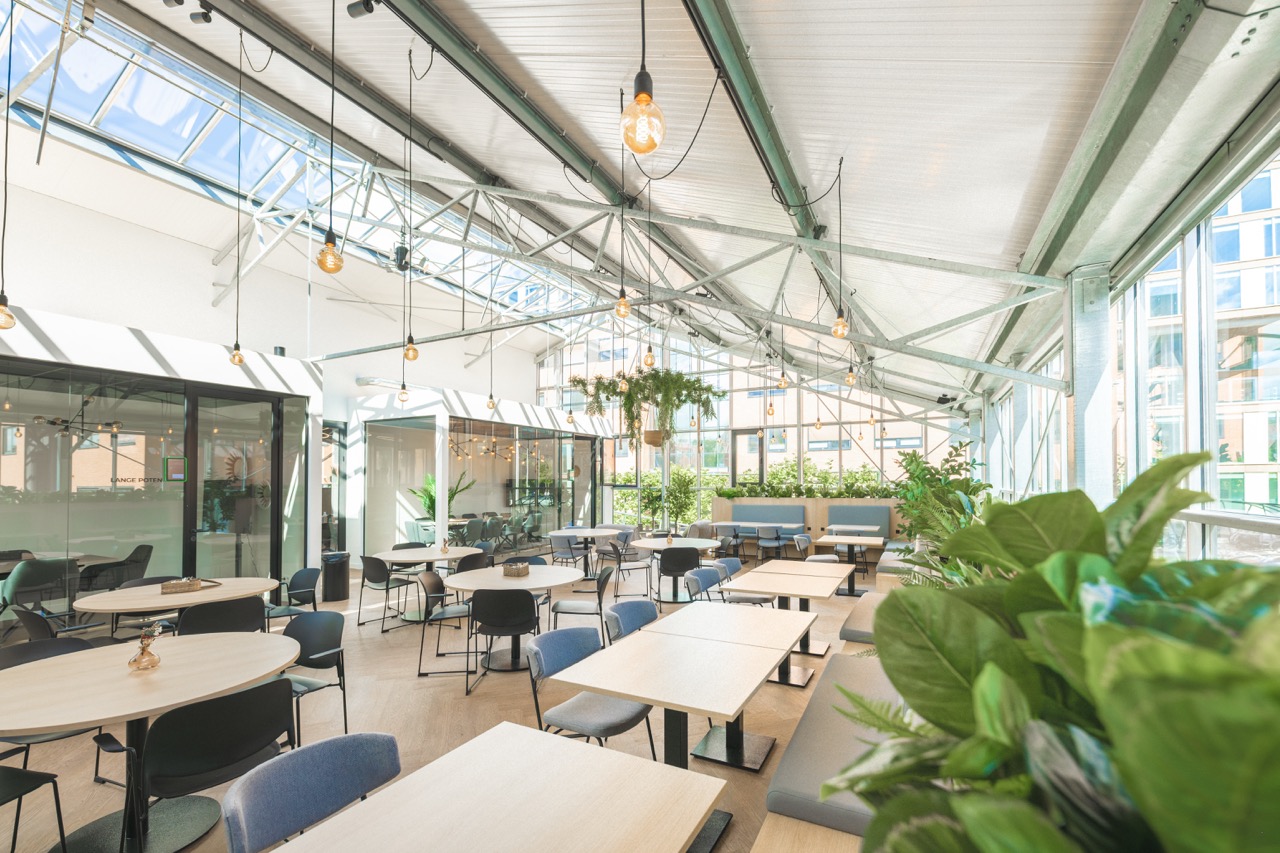 Lichte en moderne ontmoetingsruimte met veel groen, glazen wanden en flexibele zitplaatsen in Sociaal Hart 4.