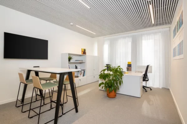 Modern en licht kantoor in Brussel met een bureau, vergadertafel, kamerplant en muurdecoratie, zonder mensen.