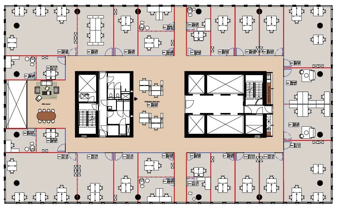 Plattegrond van kantoorverdieping Stadsplateau 27-29 met werkplekken, vergaderruimtes en centrale voorzieningen.